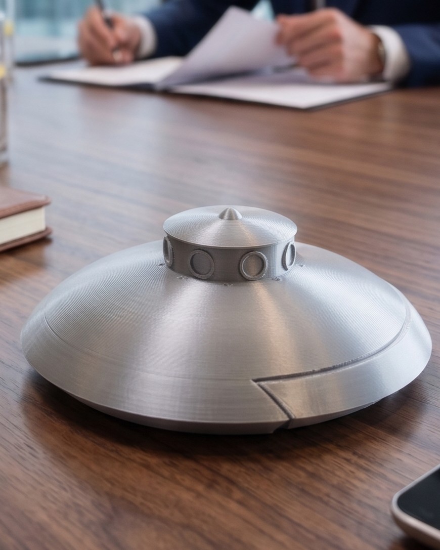 会議室のテーブルに置かれたUFO型名刺ケース